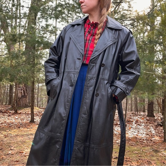 90s Wilsons Leather Maxi Trench Coat Black Men’s Size S - Picture 6 of 16